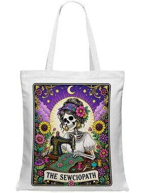 Women's White Purple Funny Skull Tarot Sarcastic Halloween Canvas Tote Bag